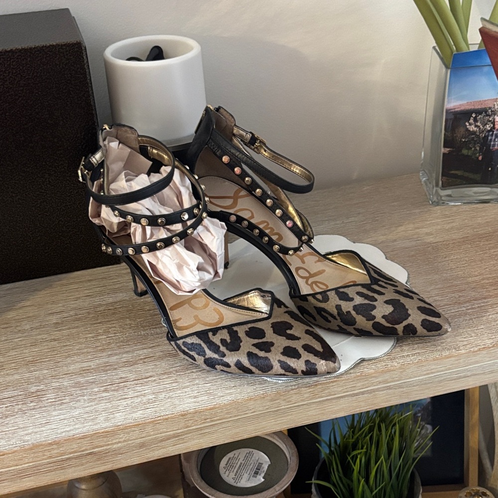 Sam Edelman Leopard Print Heels with Black and Gold Accents